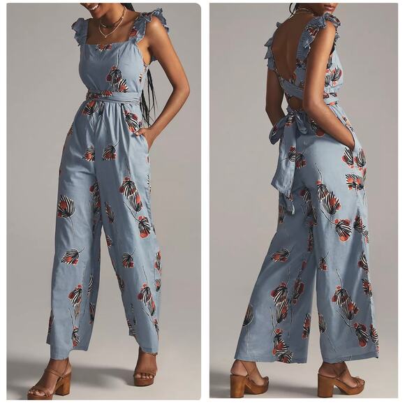 Bel Kazan Blue Floral Organic Cotton Wide Leg Jumpsuit – Size Small - Picture 1 of 11